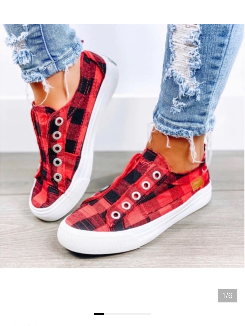 Women’s Red Plaid Slip-On Sneakers by Blowfish. Size 9